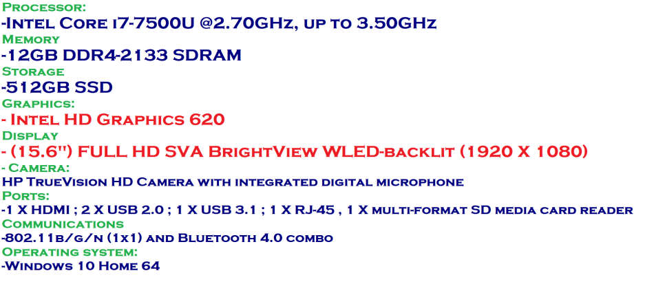 HP Envy 15 7th Gen Core i7-7500U @2.70GHz,  8GB RAM, 256GB SSD, Full HD