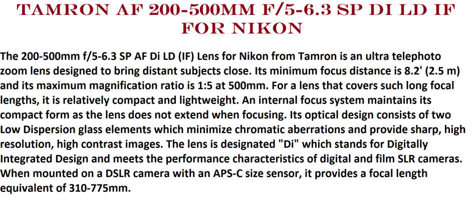 Tamron AF 200-500mm f/5-6.3 SP Di LD IF FOR NIKON EXCELLENT CONDITION