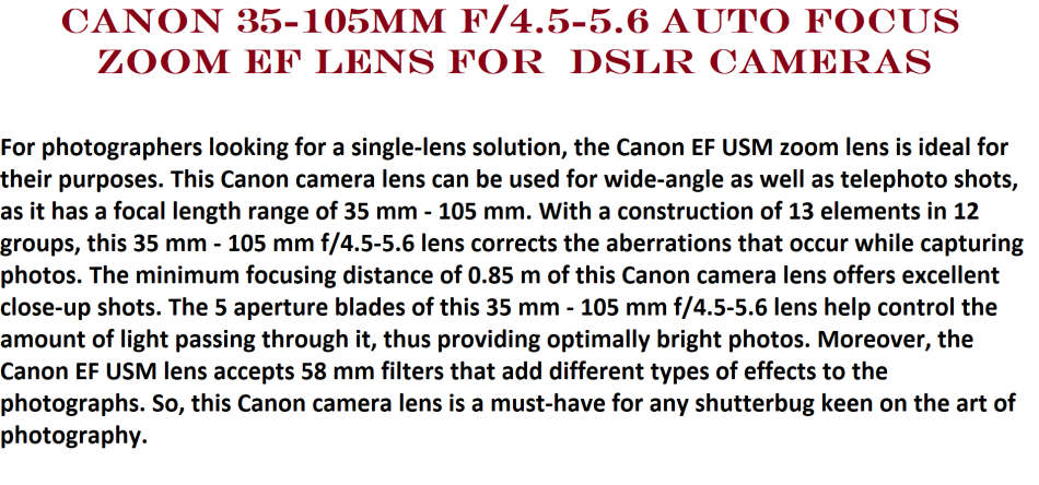 Canon 35-105mm f/4.5-5.6 Auto Focus Zoom EF Lens for  DSLR Cameras  IN EXCELLENT CONDITION