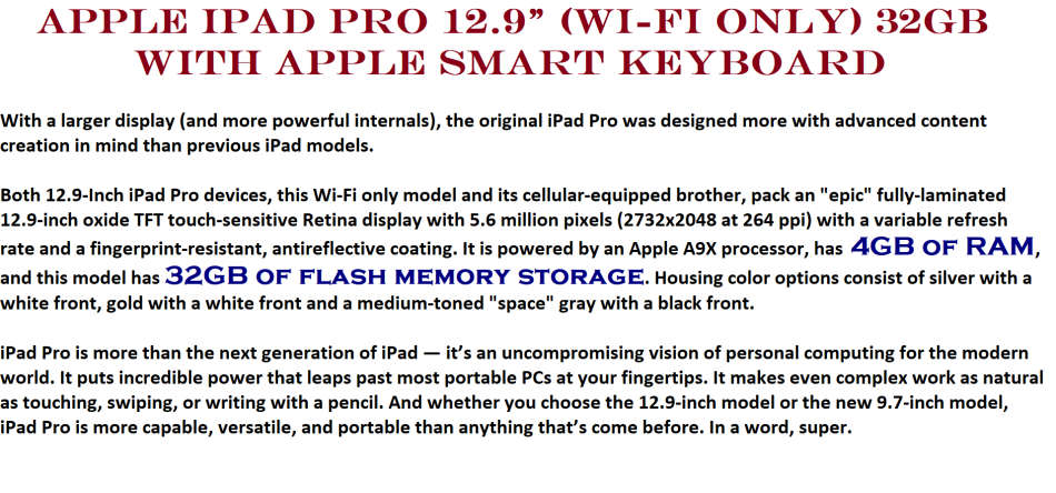 Apple iPad Pro 12.9" (Wi-Fi Only) 32GB WITH APPLE SMART KEYBOARD VERY GOOD CONDITION