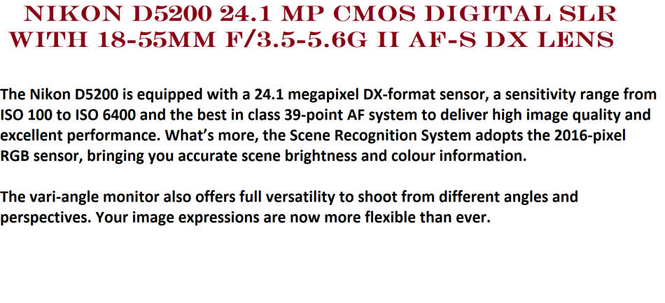 Nikon D5200 24.1 MP CMOS Digital SLR with 18-55mm f/3.5-5.6G II AF-S DX  Zoom Lens, LOWEPRO BAG