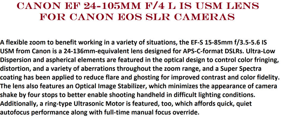 Canon EF 24-105mm f/4 L IS USM Lens for Canon EOS SLR Cameras