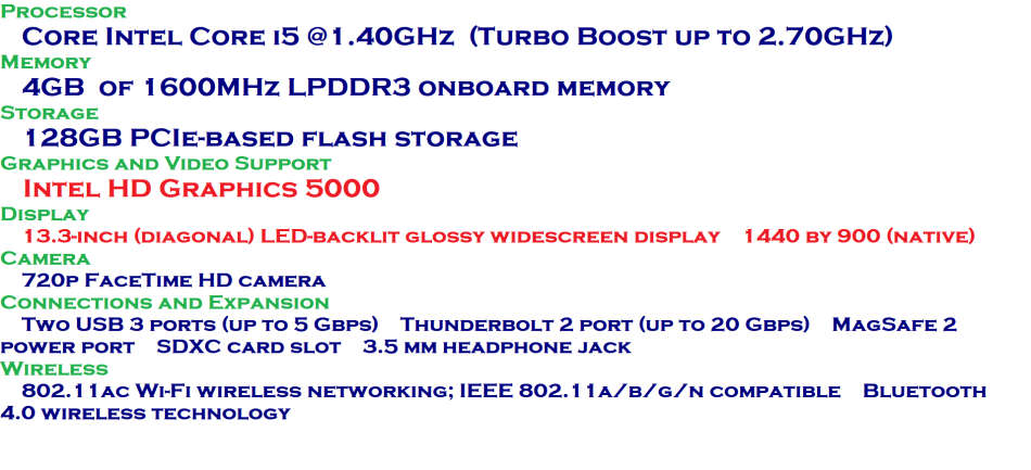 MACBOOK AIR ,CORE I5-4260U,1.40GHz,4GB RAM ,128GB SSD, EXCELLENT CONDITION