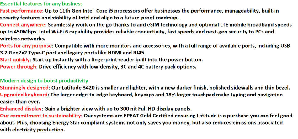 Dell Latitude 3420 11th GEN Intel Core i5-1145G7 , 8GB RAM , 256GB SSD, Full HD 1920 X 1080