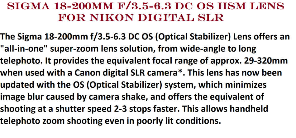 Sigma 18-200mm f/3.5-6.3 DC OS HSM Lens for Nikon Digital SLR  IN EXCELLENT CONDITON