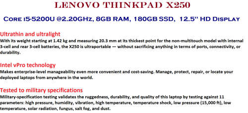 Lenovo Thinkpad X250 Ultrabook (12.5` HD Display, i5-5200U @2.20GHz, 8GB RAM, 180GB SSD