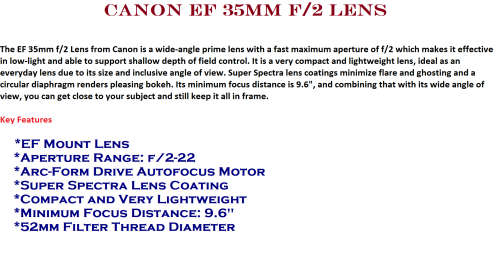 Canon EF 35mm f/2 Lens IN EXCELLENT CONDITION