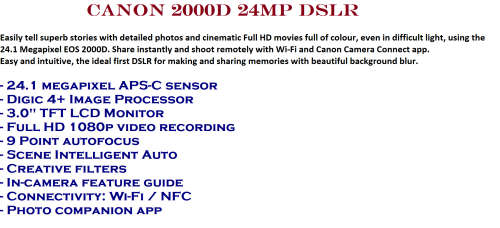 Canon EOS 2000D 24MP DSLR, FULL HD MOVIES , 18-55MM ZOOM LENS IN NEW CONDITION, CANON BAG