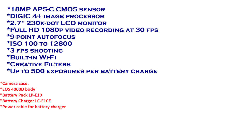 Canon EOS 4000D 18MP DSLR , FHD MOVIES, WIFI with EF-S 18-55mm  ZOOM LENS