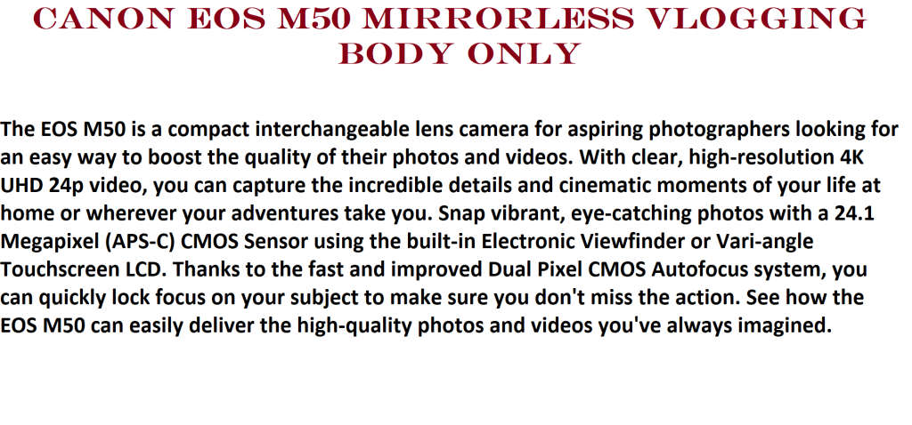Canon EOS M50 Mirrorless Vlogging Camera ( BODY), Black