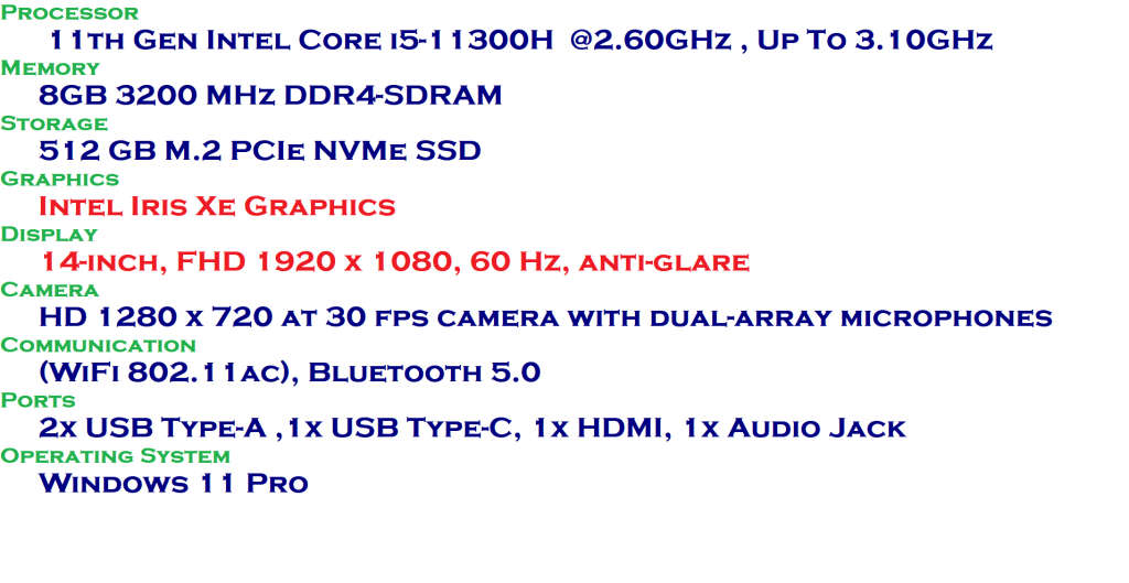 Dell Vostro 5410 14-inch 11TH GEN Core i5-11300H , 8GB RAM , 512GB SSD FHD 1920 X 1080 , NEW.