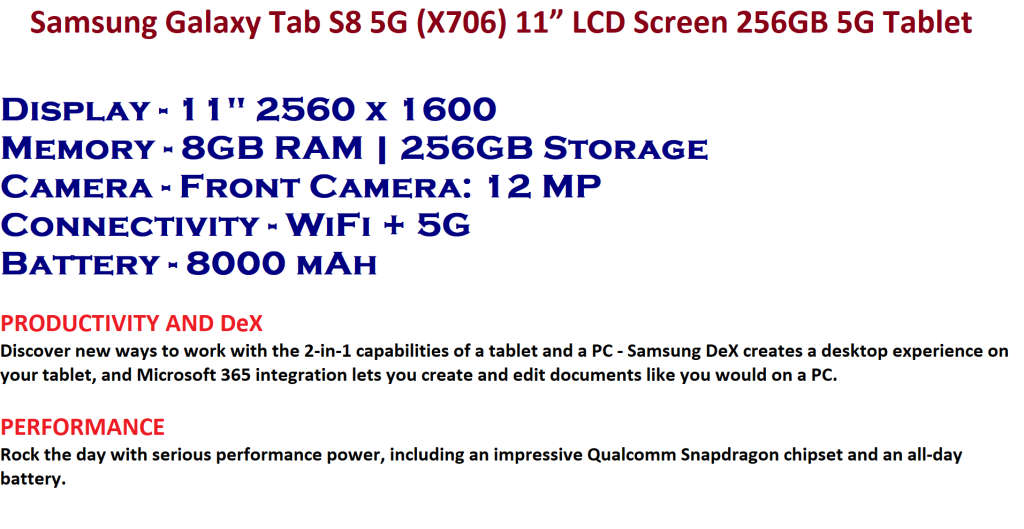 Samsung Galaxy Tab S8 5G (X706) 11 LCD  256GB 5G Tablet With Keyboard Cover iN Excellent Condition