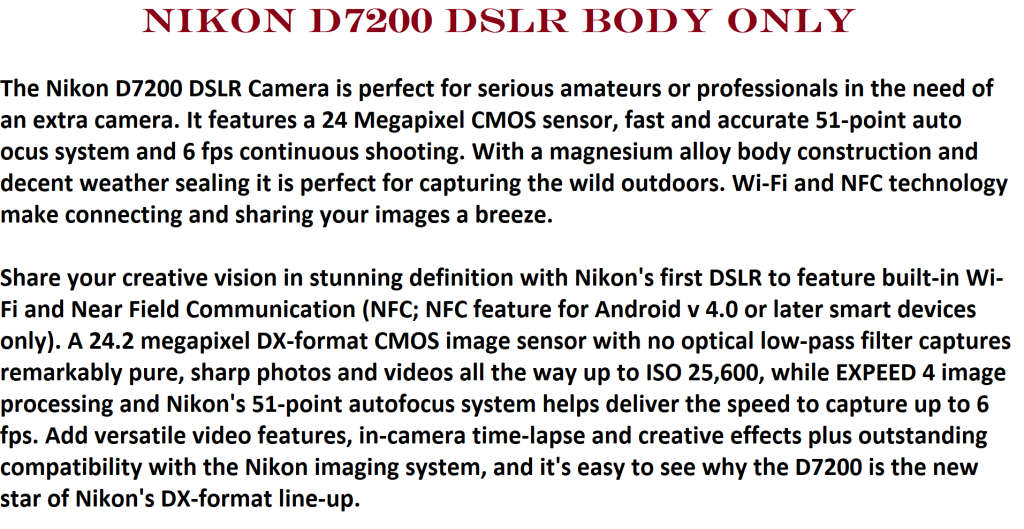 NIKON D7200 DX-format, 24.2 MP, WiFi ,1080p Full HD ,PROFESSIONAL DSLR CAMERA BODY