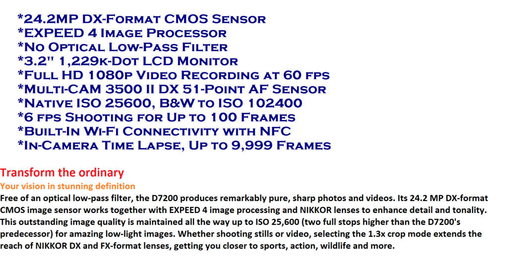 NIKON D7200 DX-format, 24.2 MP, WiFi ,1080p Full HD ,PROFESSIONAL DSLR CAMERA BODY
