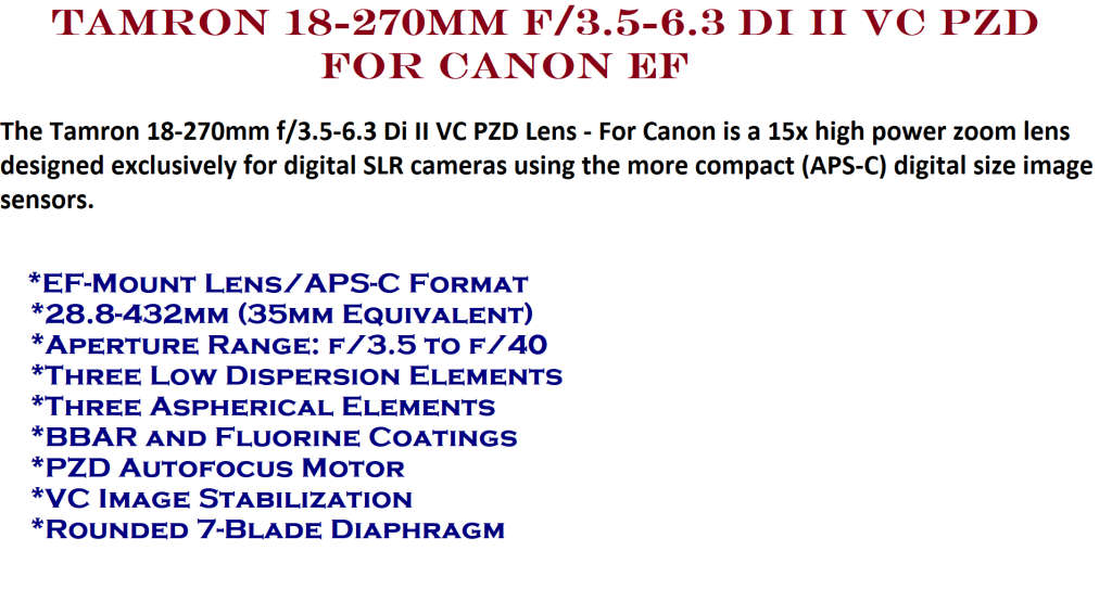 Tamron 18-270mm f/3.5-6.3 Di II VC PZD Lens for Canon EF IN VERY CONDITION