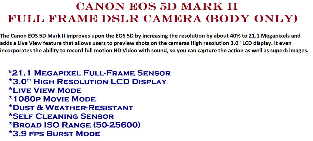 Canon EOS 5D Mark II Full Frame DSLR Camera (Body Only)