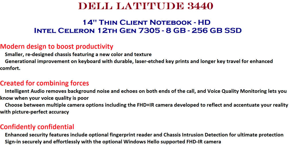 Dell Latitude 3440 14` Thin Client Notebook - HD - Intel Celeron 12th Gen 7305 - 8 GB - 256 GB SSD