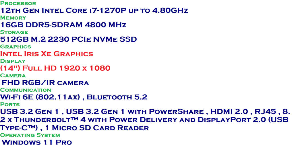Dell Latitude 5431 14-inch 12TH Gen  Core i7-1270P , 16GB RAM , 512GB SSD Win 11 Pro FHD Laptop