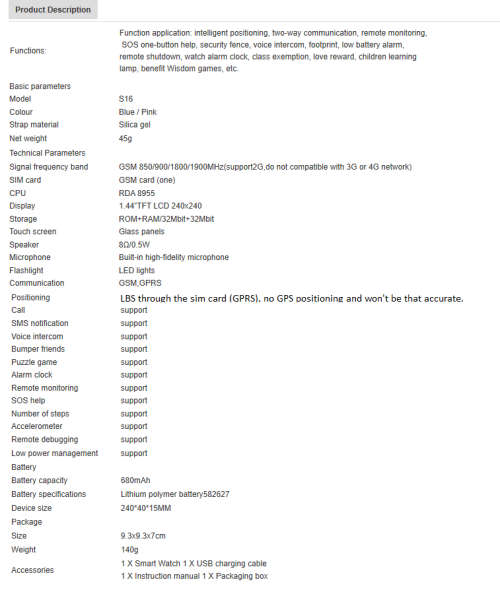 S16 Children's LBS (NO GPS TRACKING) smart watch finder with camera - Blue and Pink