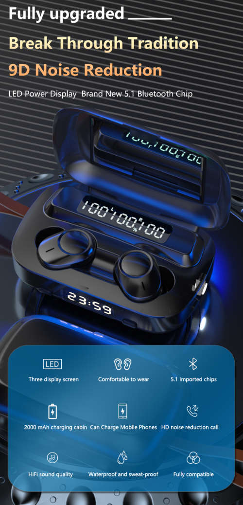 Latest M13 Sport Bluetooth Wireless Earphone with Mirror Clock Flashlight 4 in 1 Tws Earbuds Headset