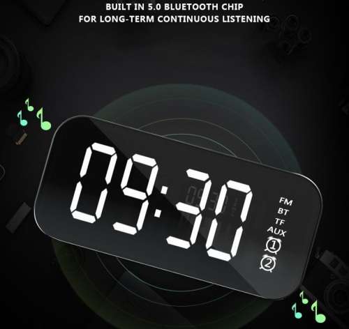Alarm Clock Mini BT Speaker Mirror Radio LED Portable Wireless Subwoofer