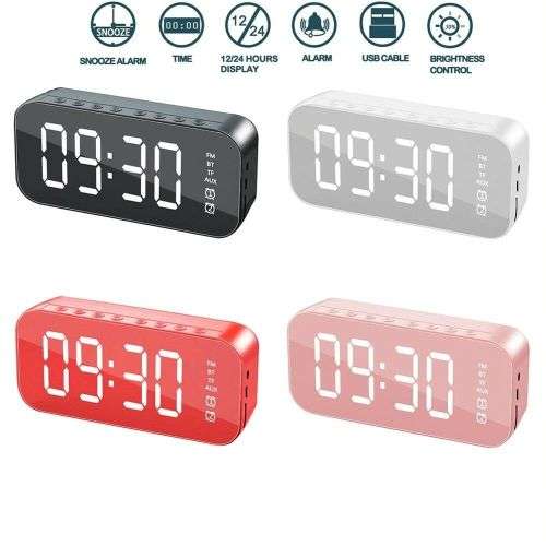 Alarm Clock Mini BT Speaker Mirror Radio LED Portable Wireless Subwoofer