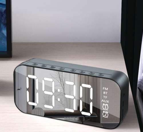 Alarm Clock Mini BT Speaker Mirror Radio LED Portable Wireless Subwoofer