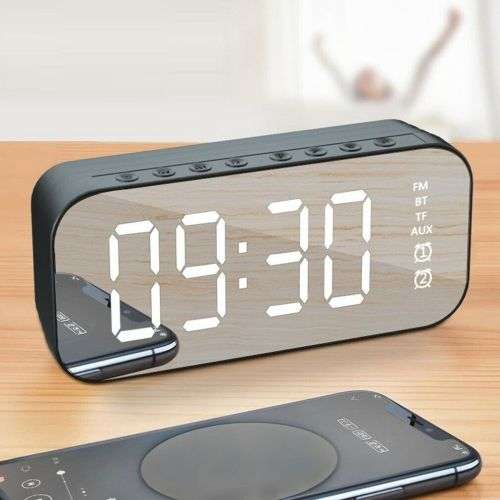 Alarm Clock Mini BT Speaker Mirror Radio LED Portable Wireless Subwoofer