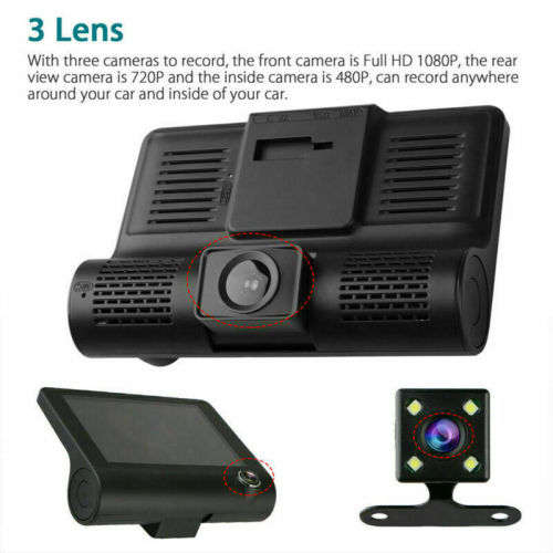 4'' inch HD 1080P 3 Lens Car DVR Dash Cam Vehicle Video Recorder Rearview Camera 170 Degree