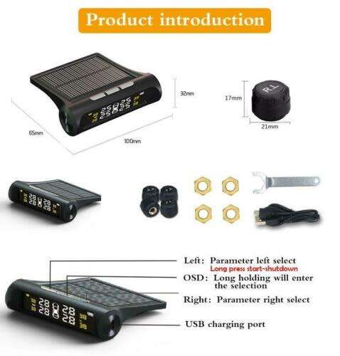 Tyre Pressure Monitoring System TPMS Solar Power Universal Wireless with 4 External Sensors Monitor