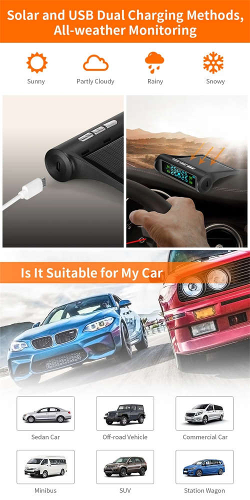 Tyre Pressure Monitoring System TPMS Solar Power Universal Wireless with 4 External Sensors Monitor