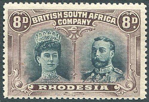 Rhodesia BSAC 1910 Double head 8D Greenish Black and Purple CV R2100 Superb LHM