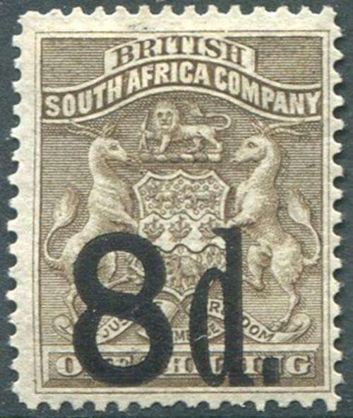 Rhodesia BSAC 1892 8D on 1/ Grey-Brown SACC 17 LHM Superb CV R2500