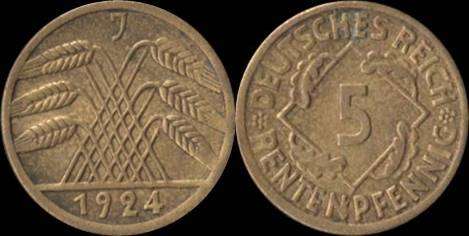 Germany Weimar Republic 5 Rentepfennig 1924J UNC KM#32 CV R175