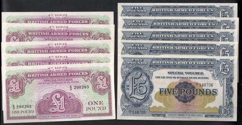 Great Britain Rare Armed Forces 1 Pound & 5 Pound numbers in Sequence bundles of 5 (10 banknotes)