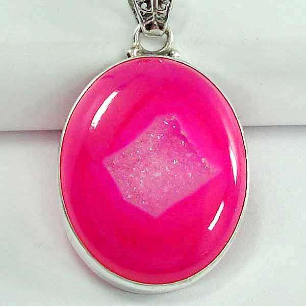 GORGEOUS! BRILLIANT PINK BRAZILIAN AGATE DRUZY STERLING SILVER PENDANT!