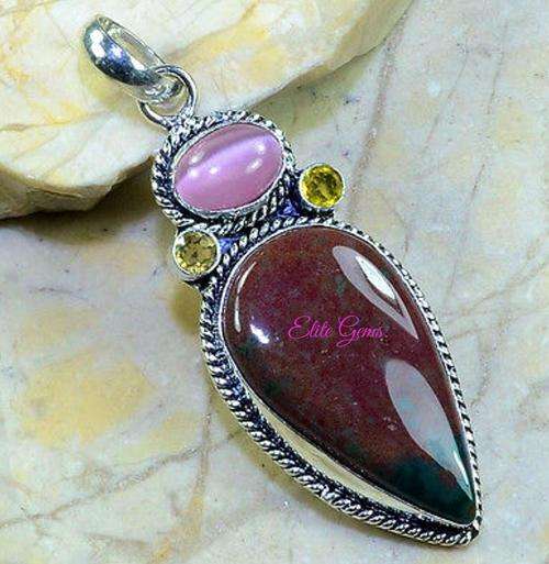 HUGE BLOOD STONE & CAT EYE & CITRINE PENDANT 3"