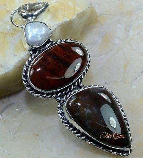 ***CRAZY R1 START!*** ENORMOUS! STUNNING BLOOD STONE & BIWA PEARL PENDANT 3 1/4"