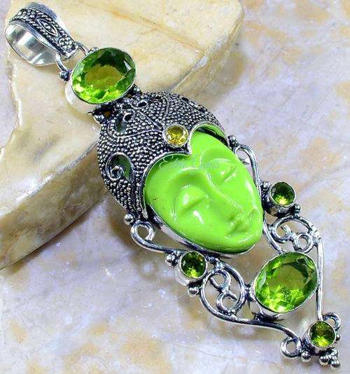 BREATHTAKING! CARVED FACE SHAPE JASPER & PERIDOT & CITRINE PENDANT 3 3/4"