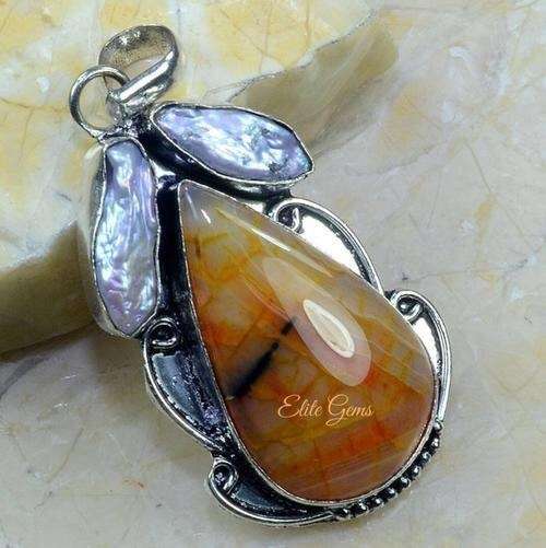 AWESOME DRAGON VEINS AGATE & BIWA PEARL PENDANT 2.5"