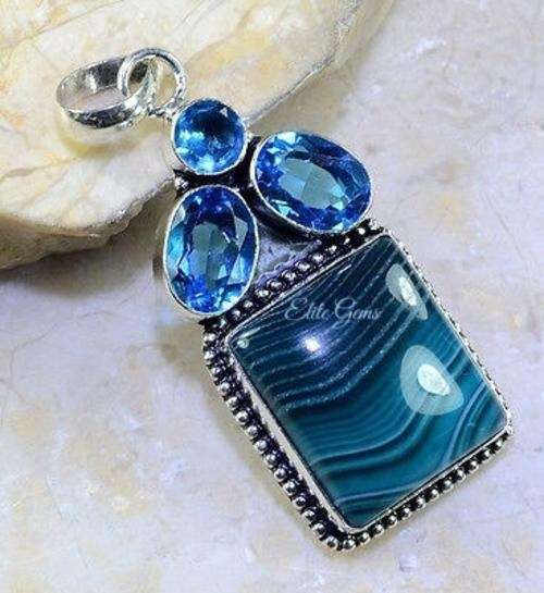 STUNNING HUGE BOTSWANA AGATE & BLUE TOPAZ PENDANT 3"