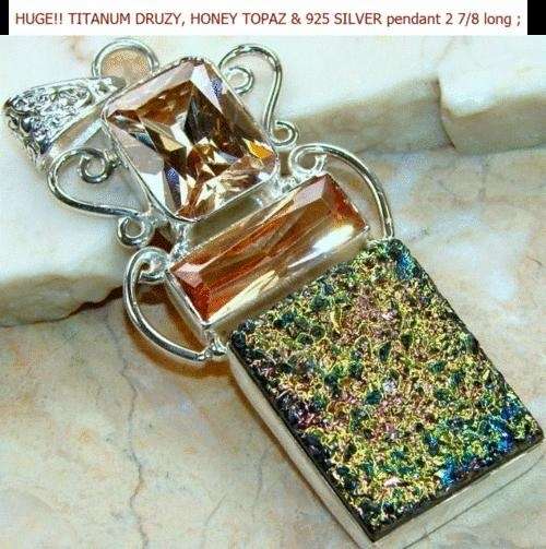 HUGE! (Heavy) STUNNING TITANIUM DRUZY AND HONEY TOPAZ STERLING SILVER PENDANT!