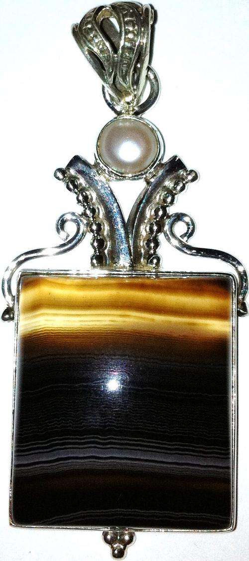 BRILLIANT CHOCOLATE BROWN BANDED BOTSWANA AGATE AND PEARL STERLING SILVER PENDANT!