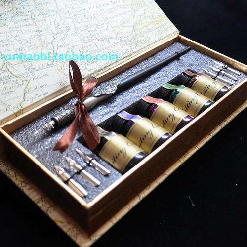 English Calligraphy Pen Black Dip Pen Suit With 7 NIB Engraving Pattern Gothic 5 Bottle Ink