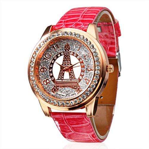 Women's Crystal-Studded Leather Band Analog Quartz Casual Wrist Watches Pink  #