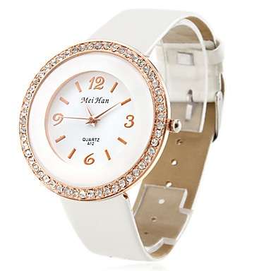 Women's Gold Style PU Leather Analog Quartz Wrist Watch with Crystals  #