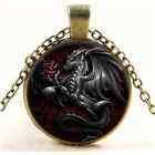 Vintage Rose Black Dragon Cabochon Glass Bronze Chain Pendant Necklace