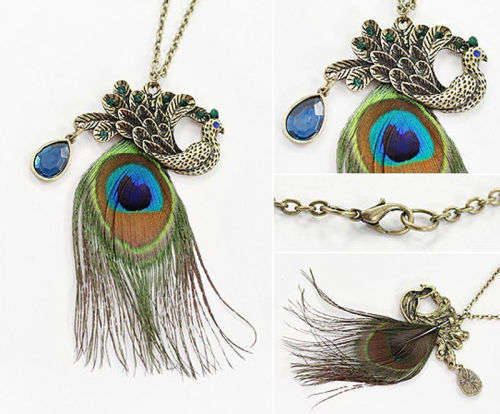 Necklace Vintage Peacock Feather Pendant Long Chain Womens Sweater Necklace