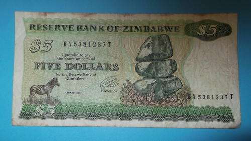 Zimbabwe Five Dollar Note Issued By Reserve Bank Of Zimbabwe 1994