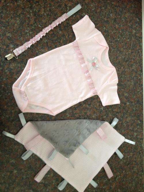 Onesie with Glitter Pink & Silver Ribbon,coordinating Pacifier Clip&Taglet Blanket (girl)
